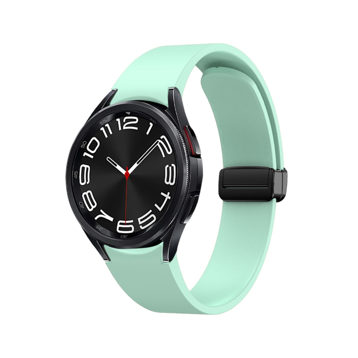 Uno smartwatch verde menta con quadrante e chiusura neri.