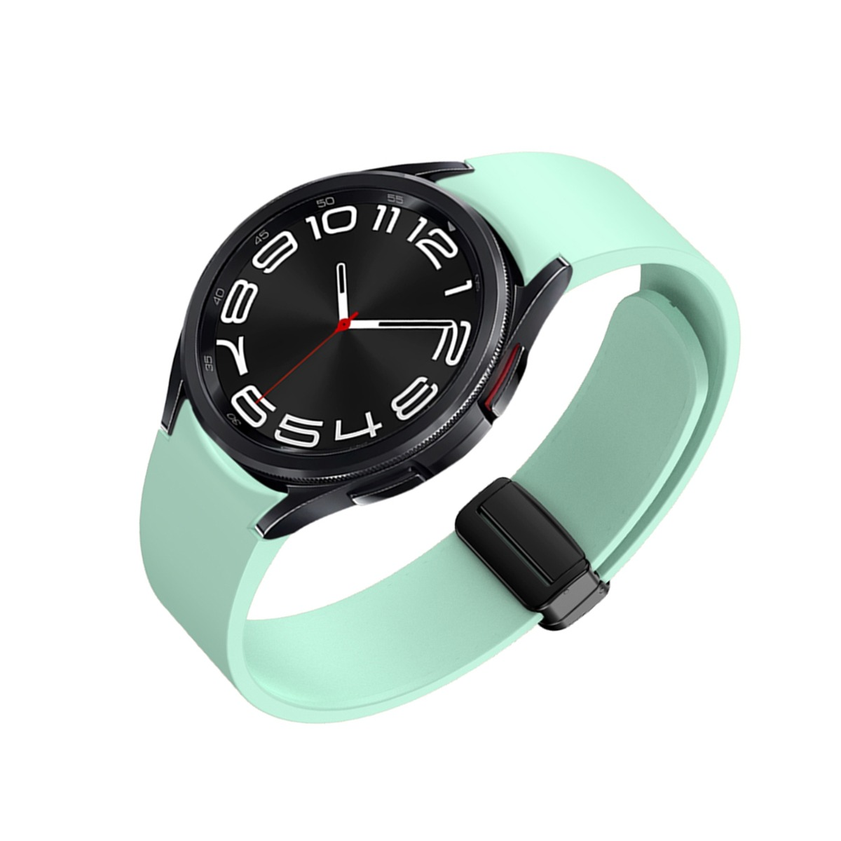 Uno smartwatch verde menta con quadrante nero e numeri bianchi.