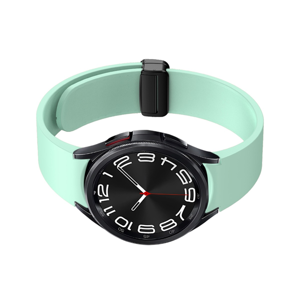 Uno smartwatch verde menta con quadrante e chiusura neri.
