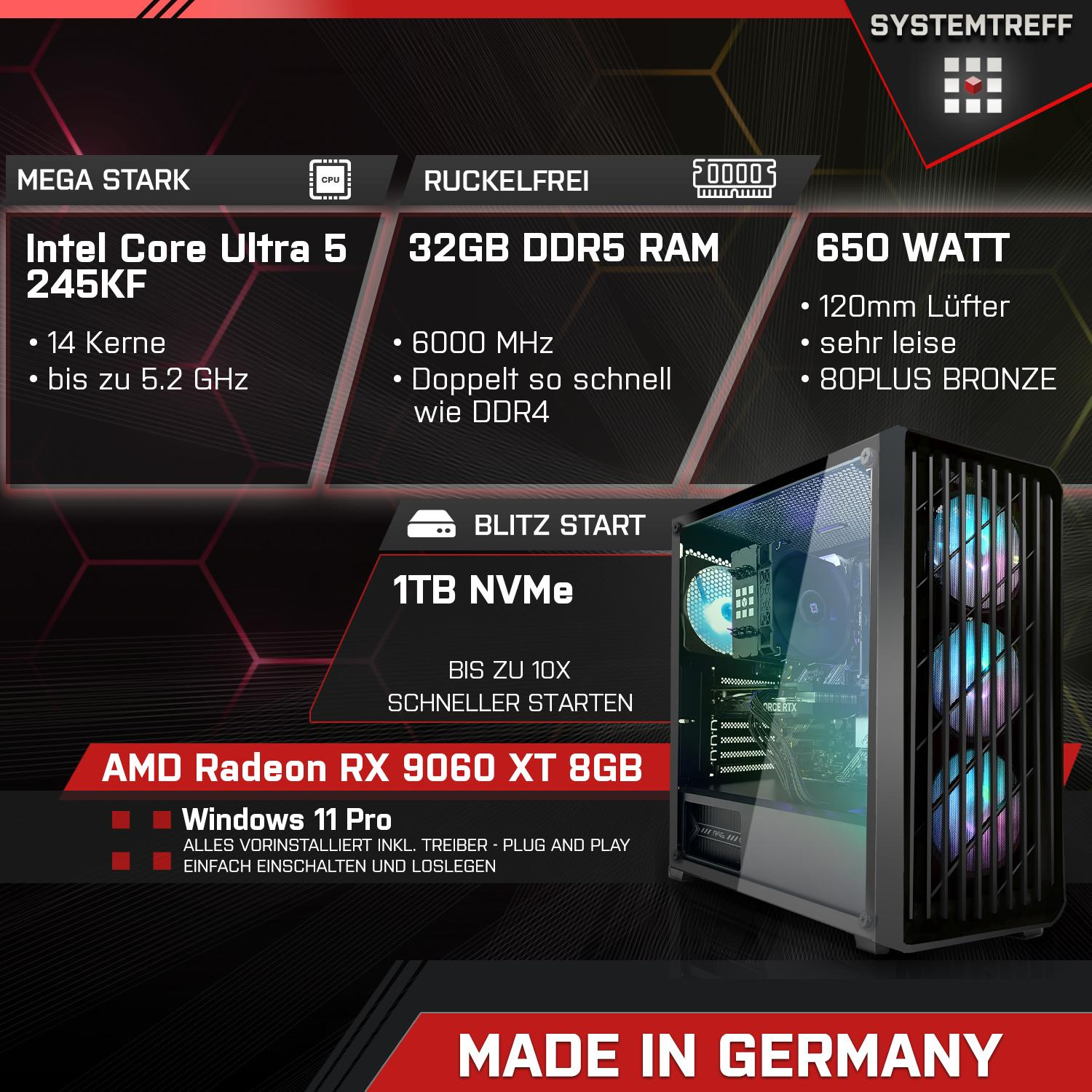 Gaming PC mit Intel Core Ultra 5, 32GB DDR5 RAM, 650W Netzteil, 1TB NVMe, RX 9060 XT.