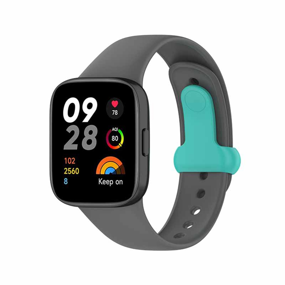 Graue Smartwatch mit blaugrünem Halter, zeigt Zeit, Herzfrequenz, AQI und Schritte an.