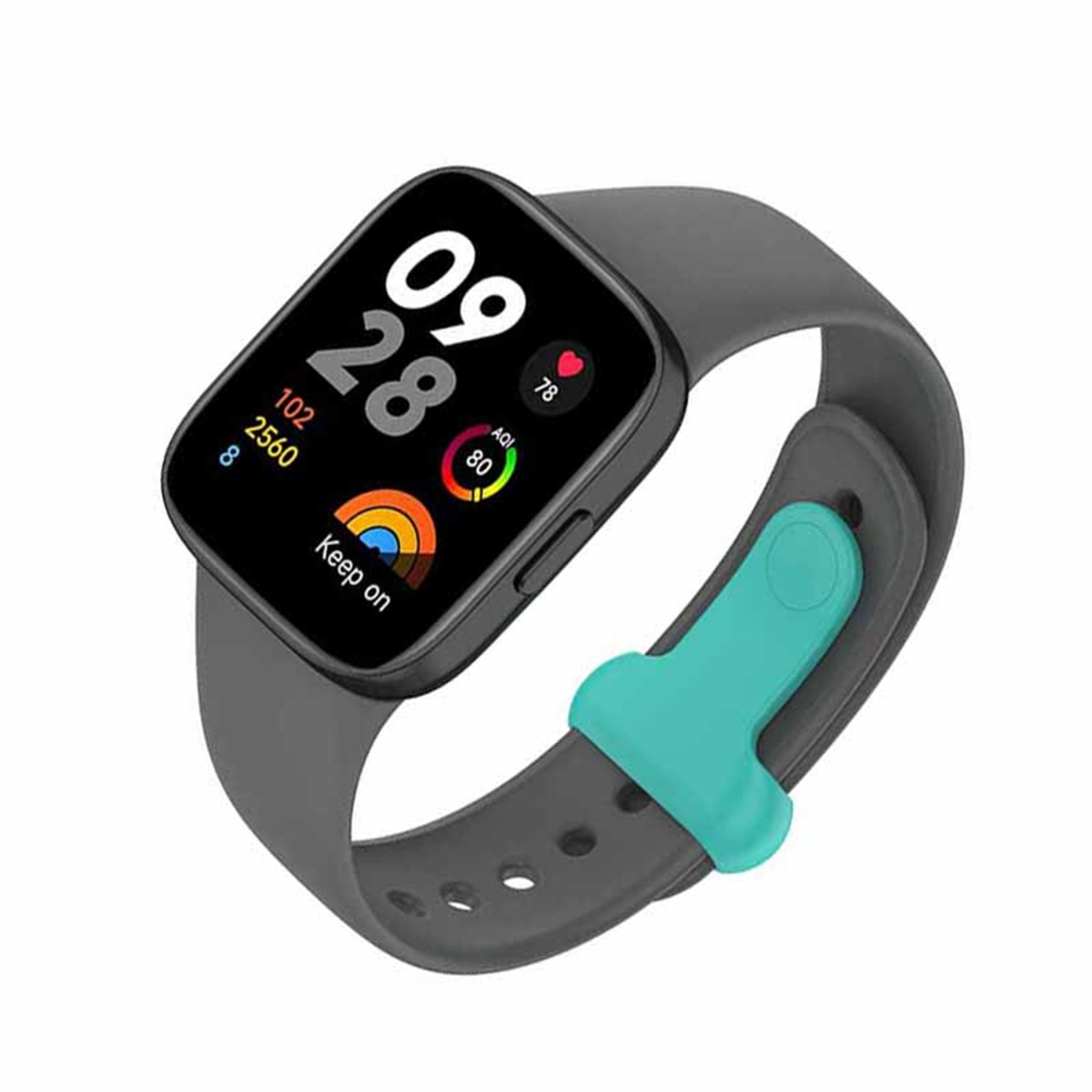 Graue Smartwatch mit türkisfarbenem Bandhalter und digitaler Anzeige.
