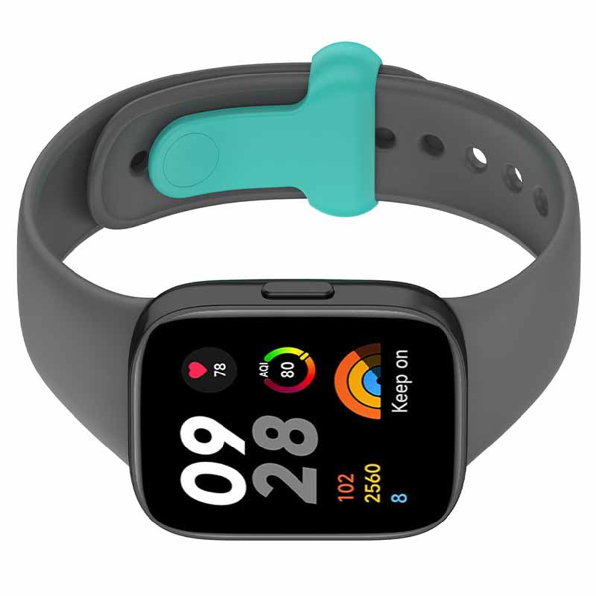 Graues Smartwatch-Armband mit türkisfarbenem Halter. Display zeigt 09:28, Herzfrequenz 78, AQI 80.
