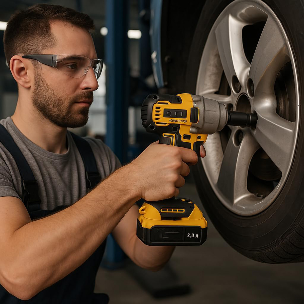 Un mecánico con gafas de seguridad usa una llave de impacto amarilla en un neumático.