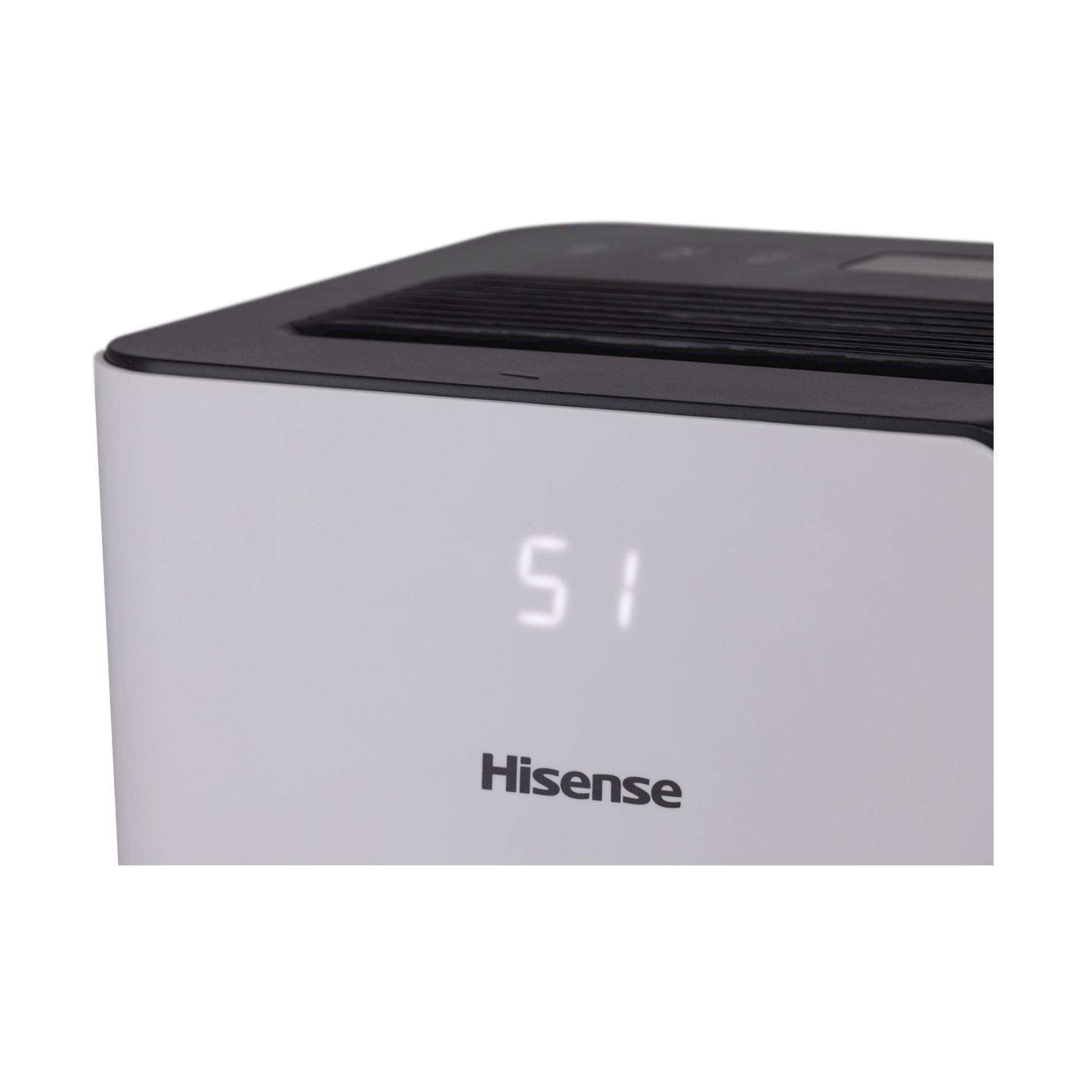Un deumidificatore Hisense bianco con griglia nera e display digitale che mostra 51.