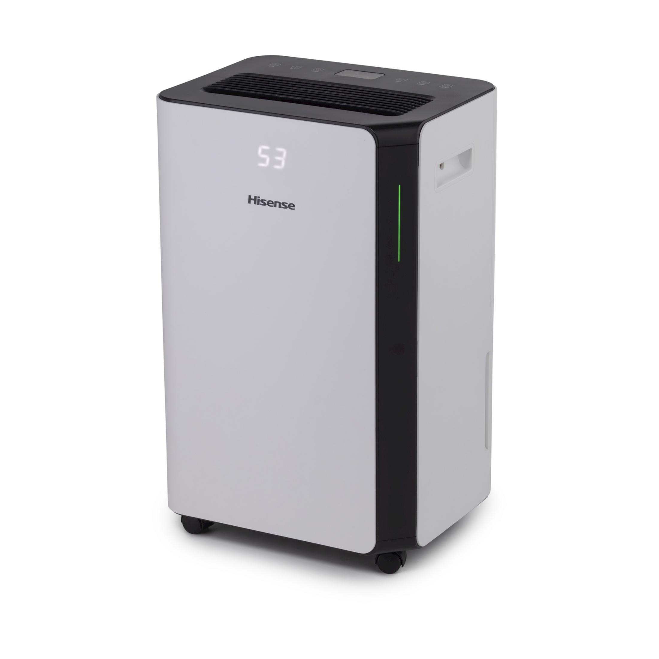 Un deumidificatore Hisense bianco con parte superiore nera e ruote.