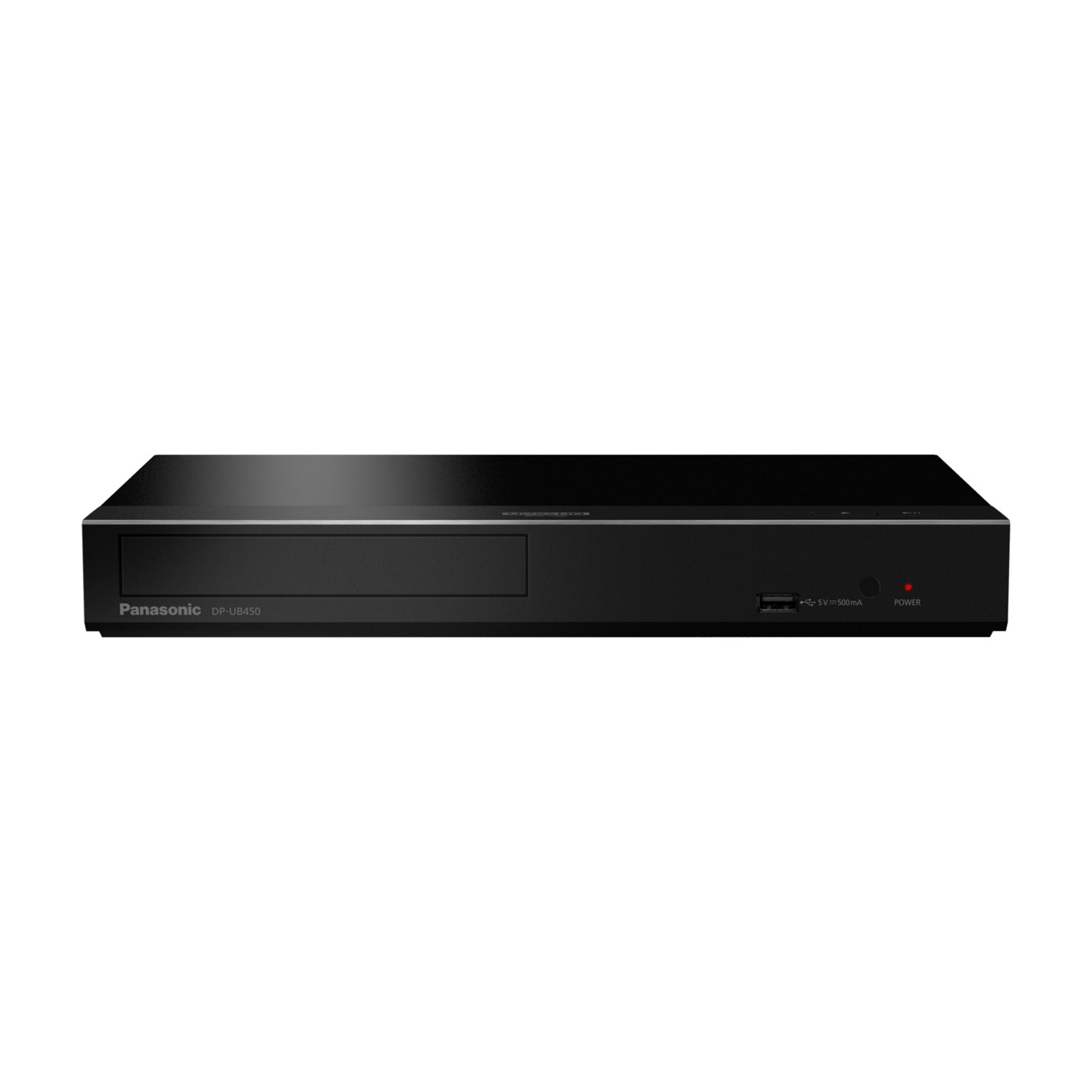 Lettore Blu-ray Panasonic DP-UB450 nero con porta USB e spia di accensione rossa.