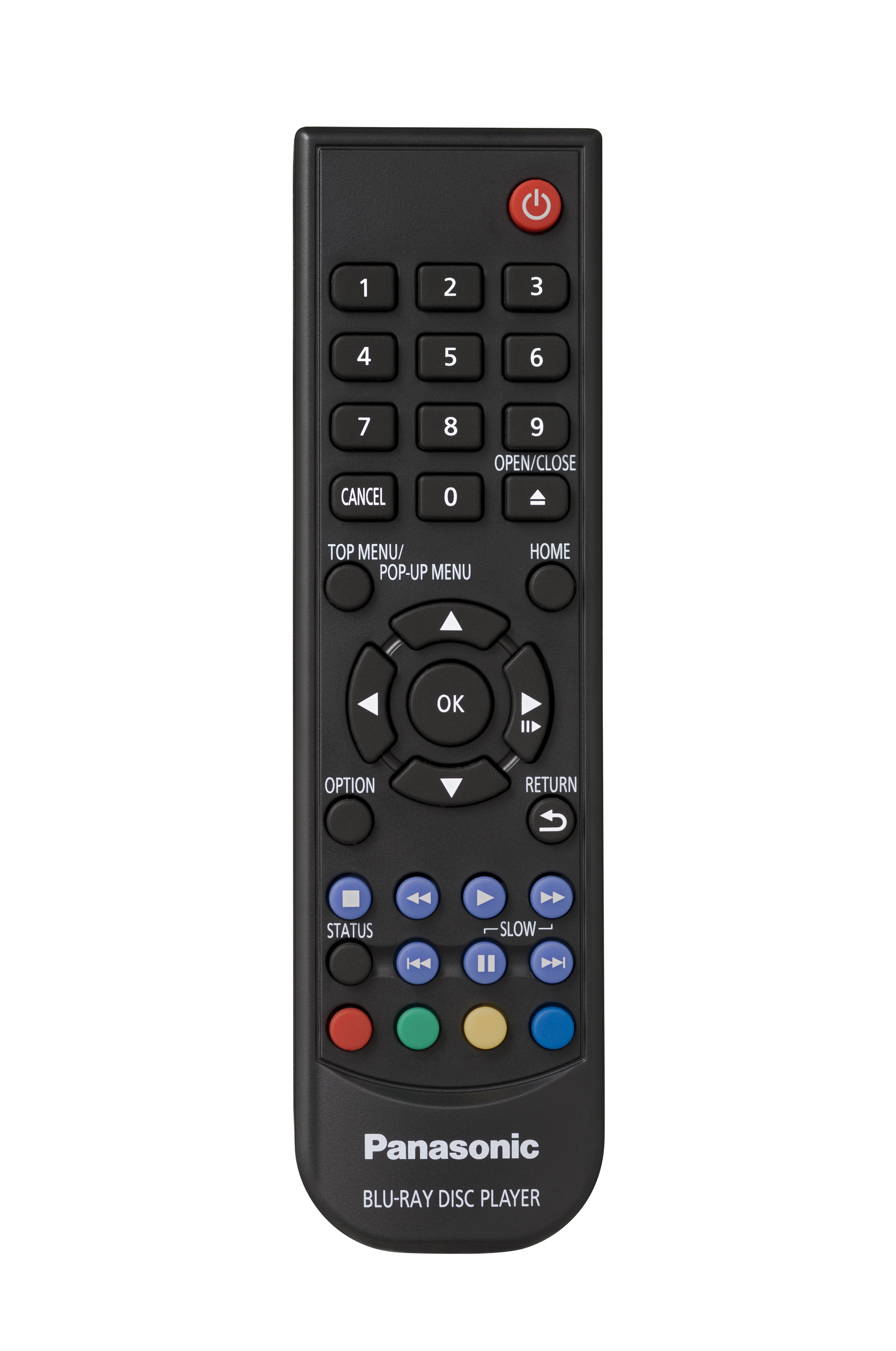 Telecomando nero per lettore Blu-ray Disc Panasonic con pulsanti e OK.