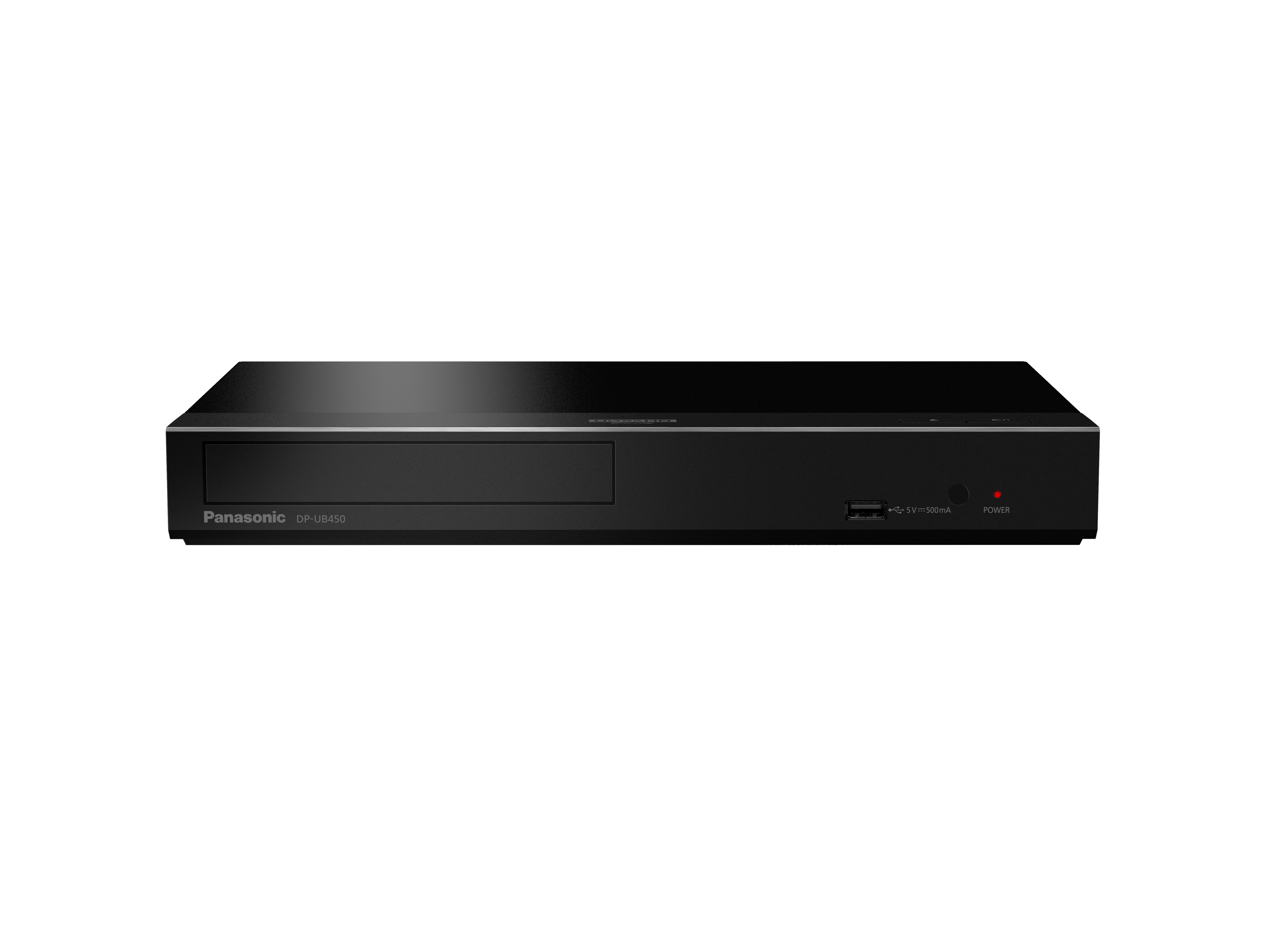 Lettore Blu-ray Panasonic DP-UB450 nero con porta USB e spia di accensione rossa.