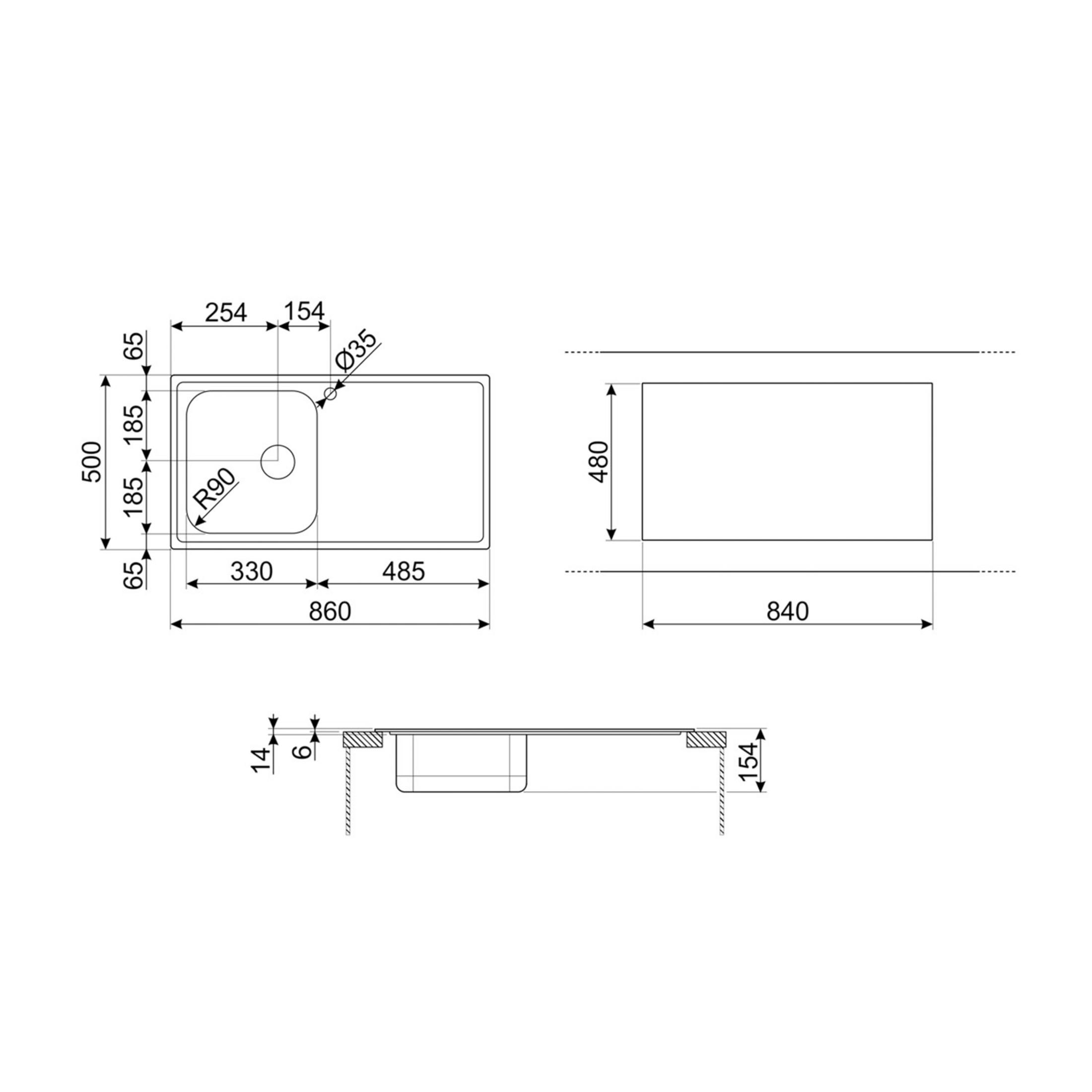 Disegno tecnico di un lavello con dimensioni e dettagli.
