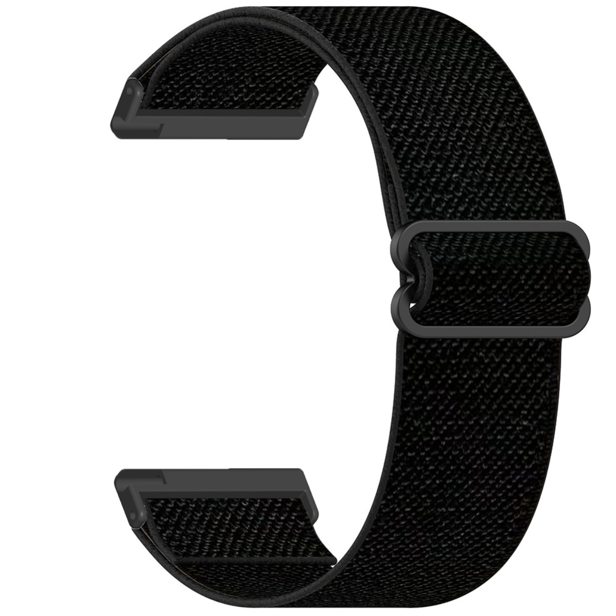 Un cinturino per orologio in tessuto nero con fibbia e connettori neri.