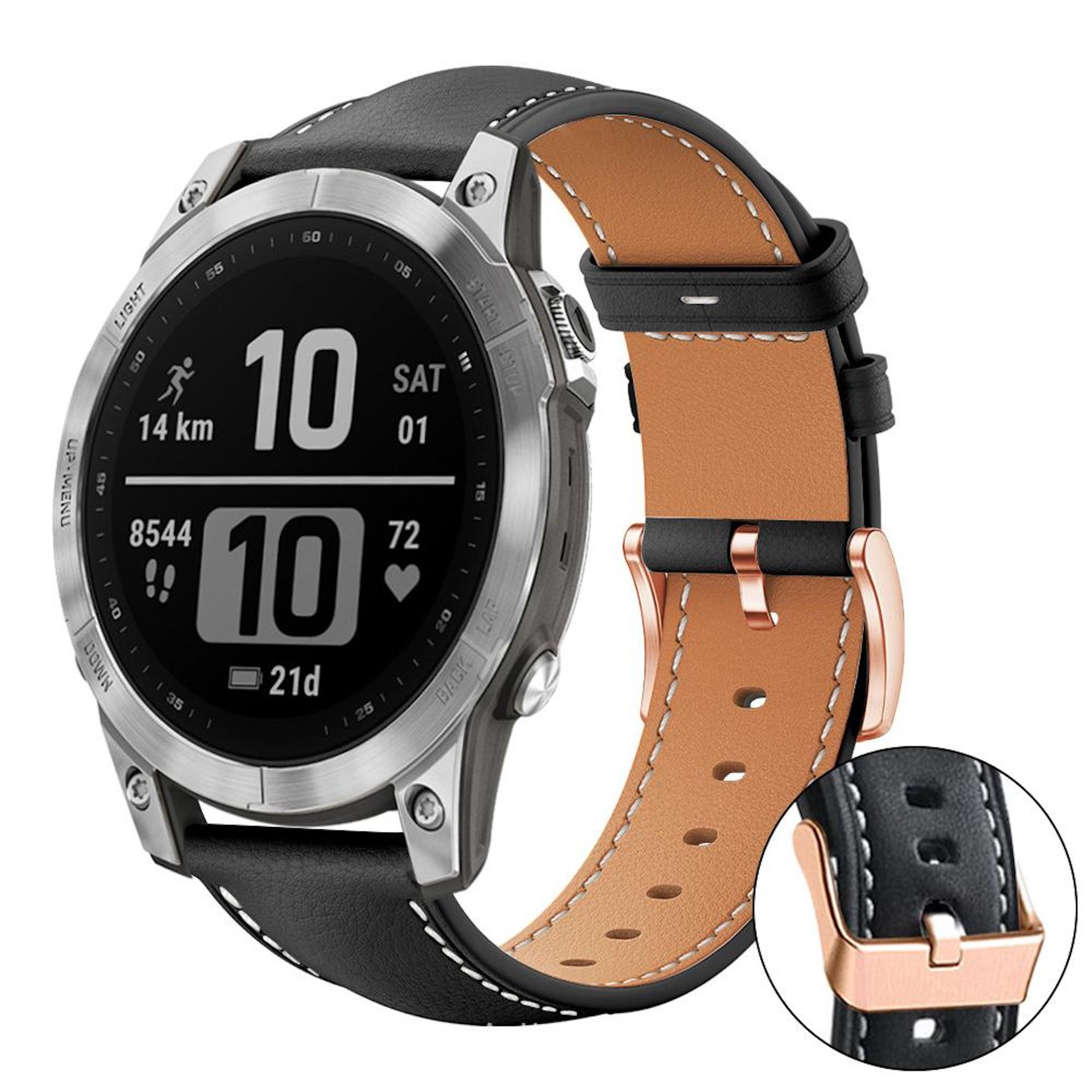 Silberne Smartwatch mit schwarzem Lederarmband und braunem Futter. Zeigt 10 Uhr, 14 km, 8544 Schritte.