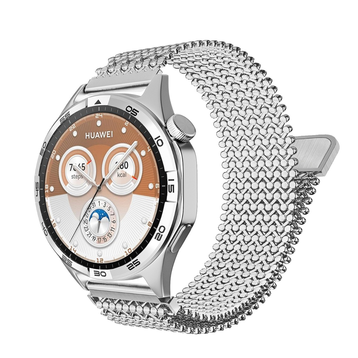 Smartwatch argentato con cinturino in maglia. Il display mostra passi e kcal.