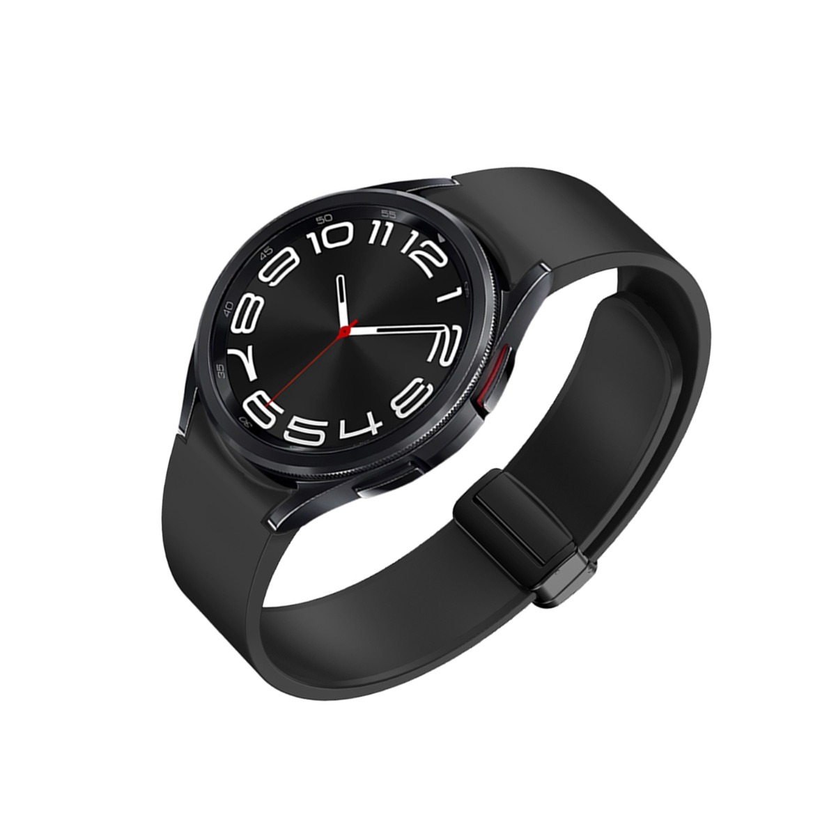 Schwarze Smartwatch mit rundem Zifferblatt und weißen Zahlen auf weißem Hintergrund.