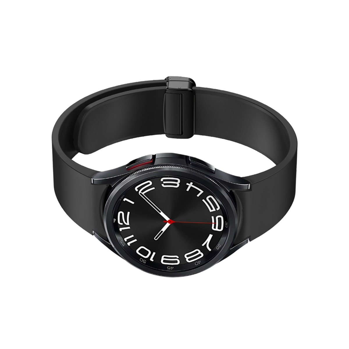 Eine schwarze Smartwatch mit einem schwarzen Armband und einem schwarzen Zifferblatt.