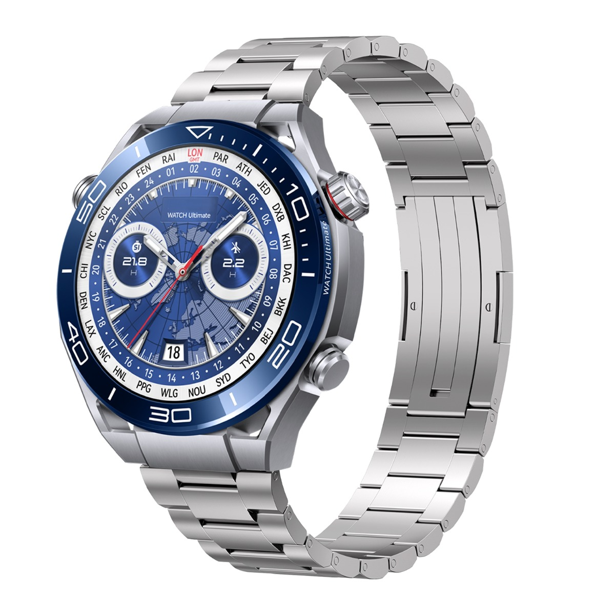 Eine silberne Uhr mit blauem Zifferblatt und Weltkarte.