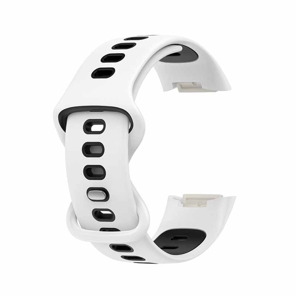 Ein weißes Uhrenarmband mit schwarzen ovalen und rechteckigen Ausschnitten.