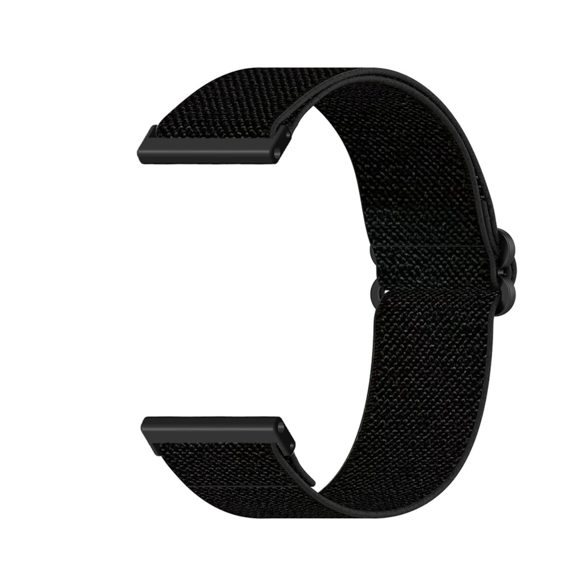 Cinturino nero in tessuto per orologio o fitness tracker con connettori neri.