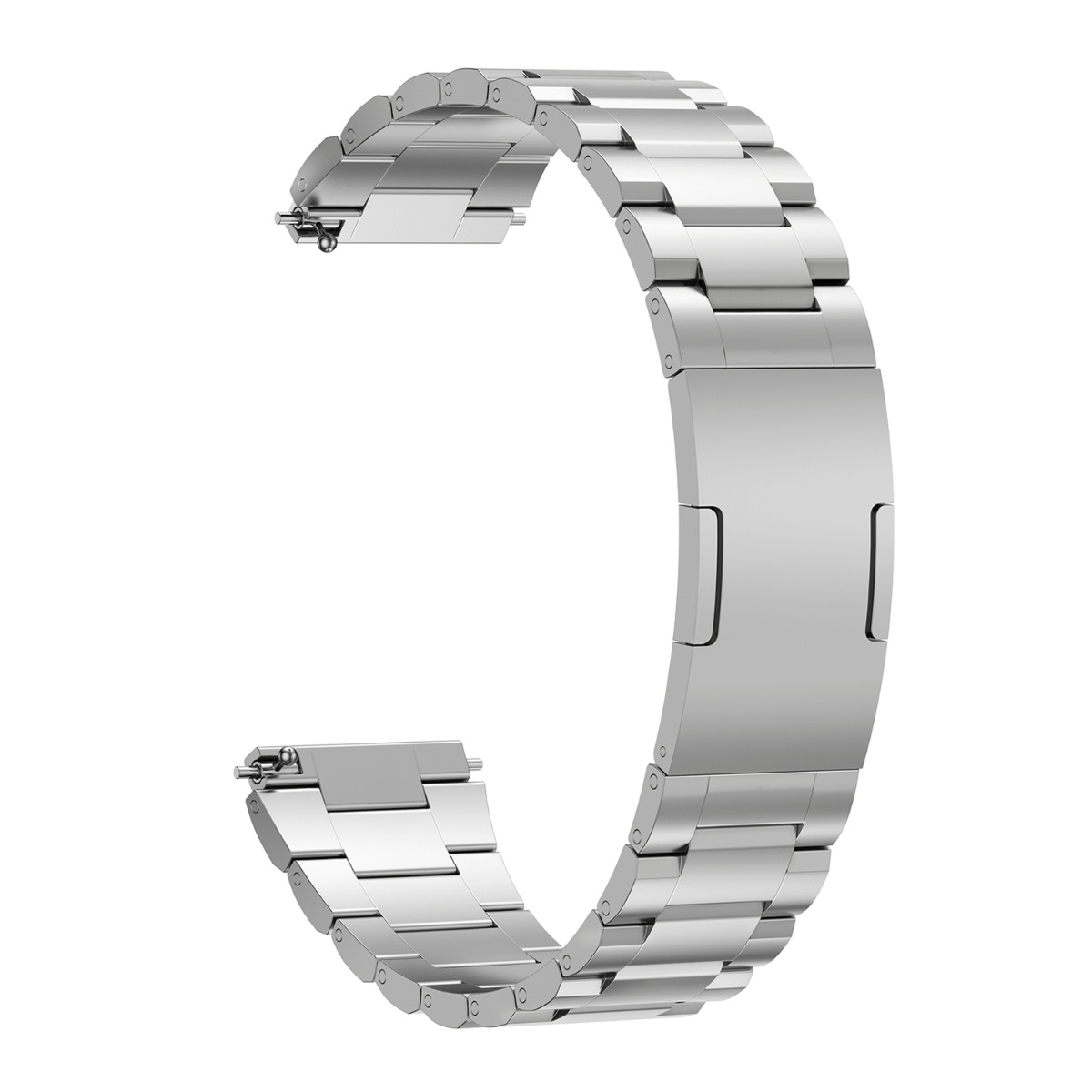 Ein glänzendes, silbernes Metallarmband für eine Uhr, das auf einem weißen Hintergrund abgebildet ist.
