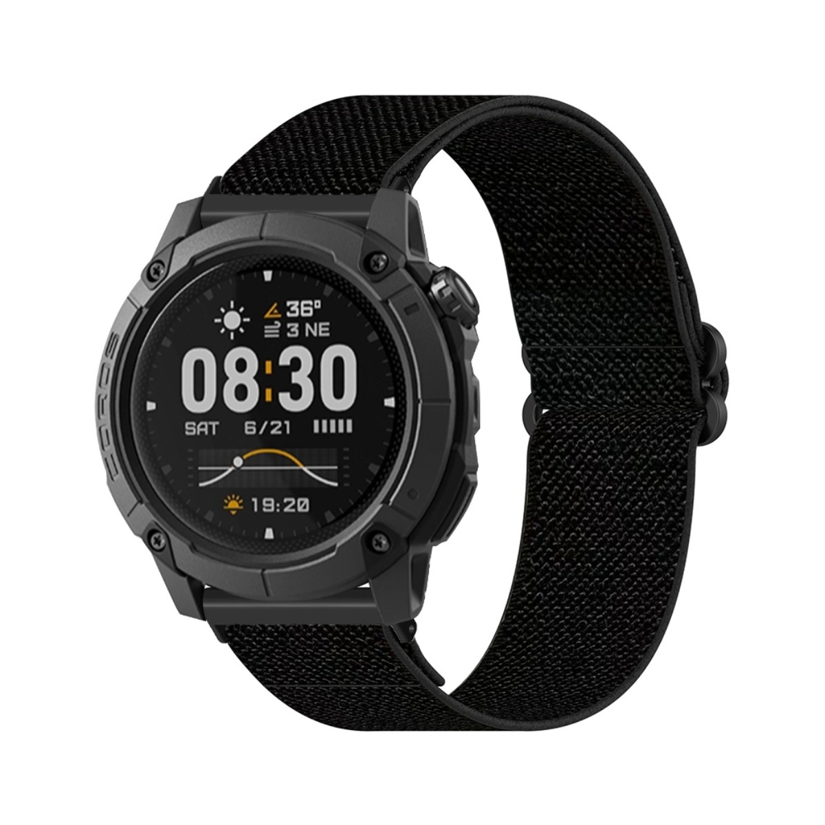 Orologio smart nero con cinturino in tessuto nero e display digitale che mostra le 8:30.