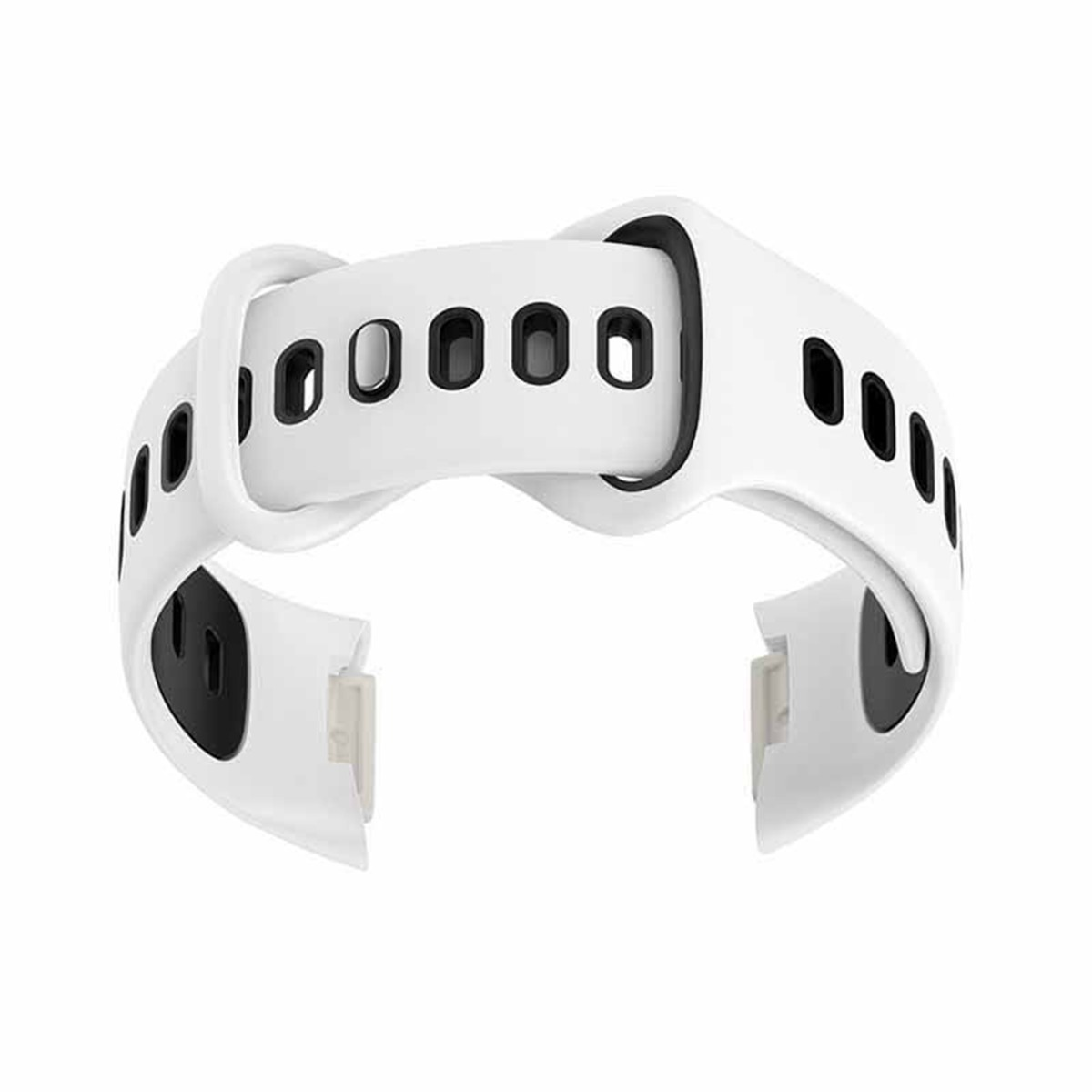 Ein weißes Smartwatch-Armband mit schwarzen Löchern und einem Schnallenmechanismus.