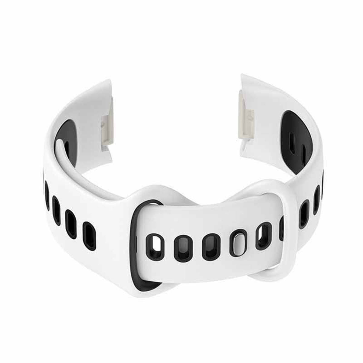 Ein weißes Armband mit schwarzen Löchern und einem Verschluss.