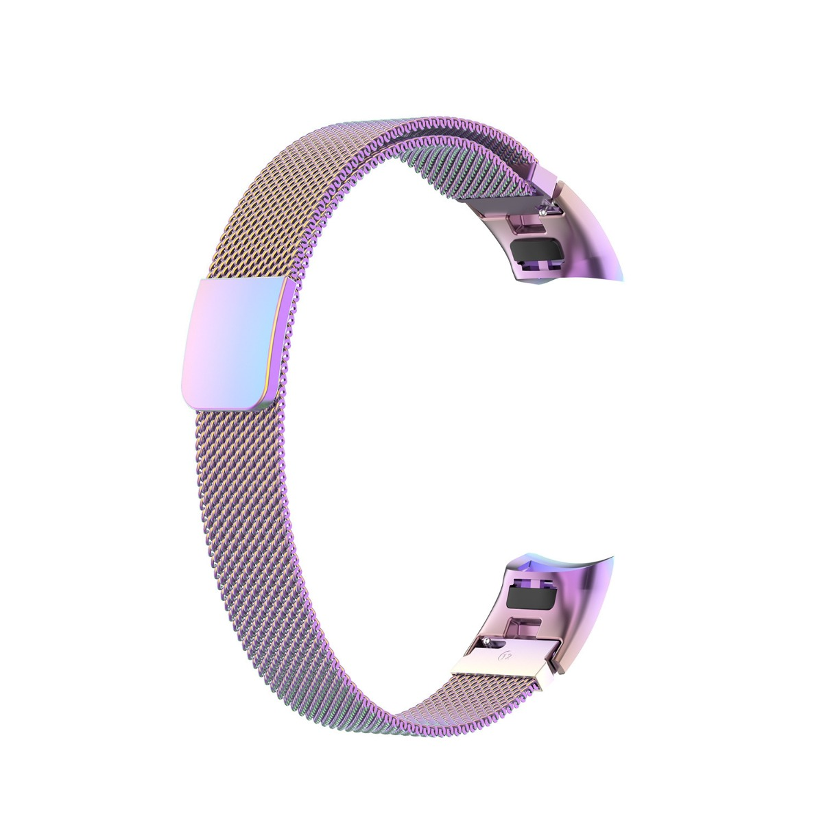 Ein modisches, metallisches Armband mit Farbverlauf in Regenbogenfarben.