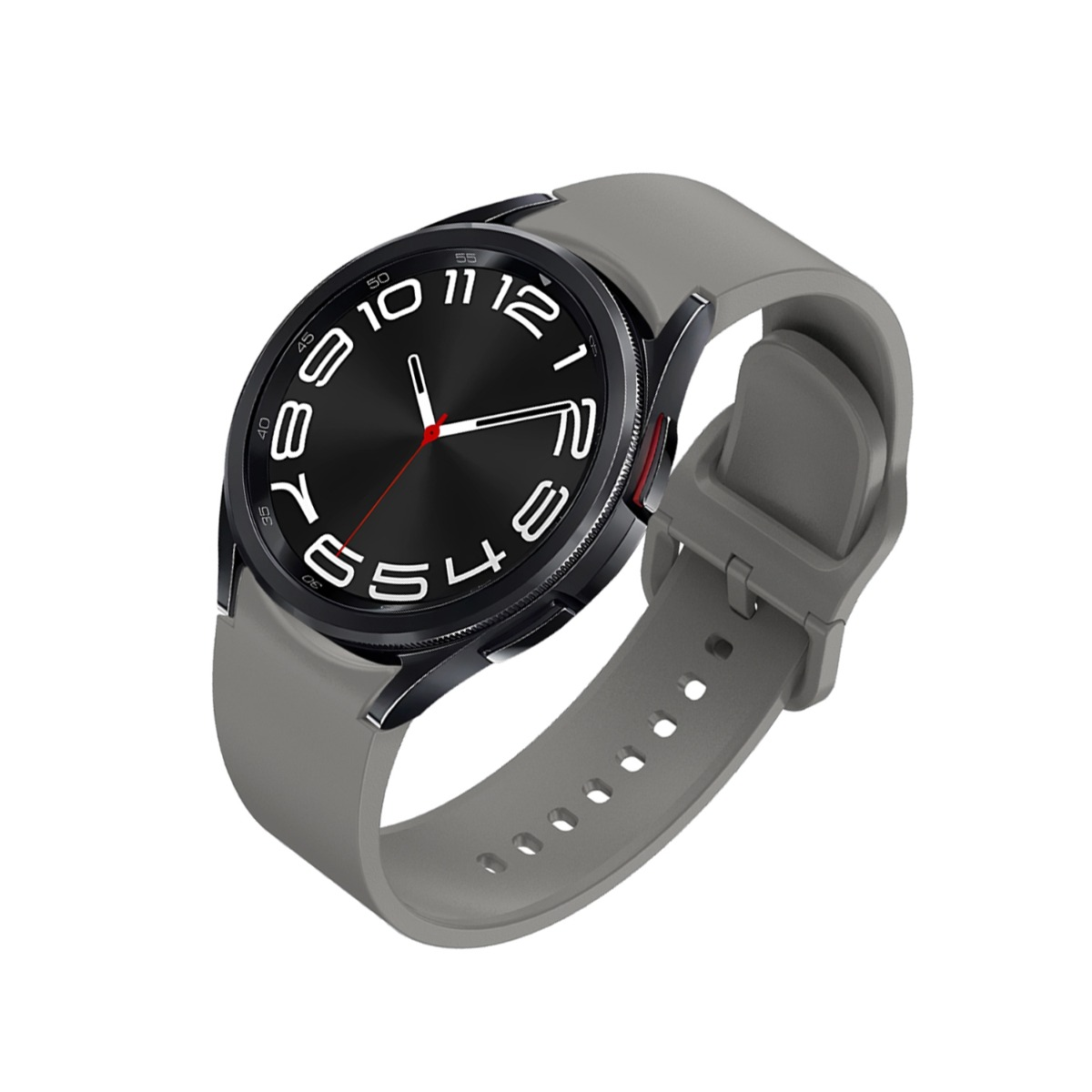 Graue Smartwatch mit schwarzem Zifferblatt und weißen Ziffern.