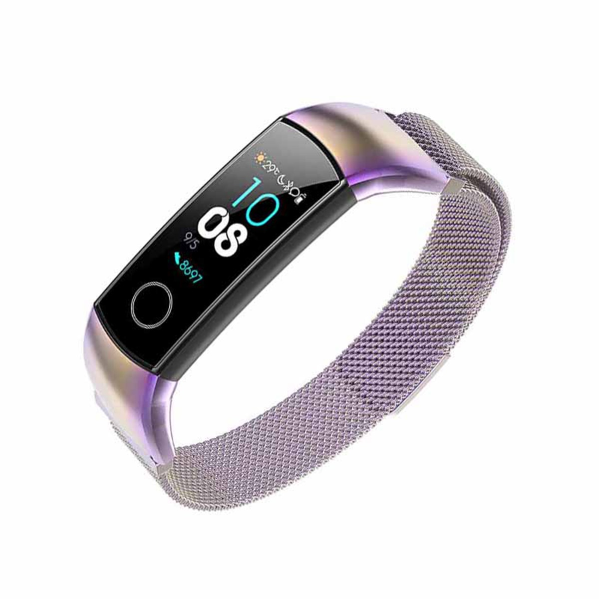 Graues Mesh-Armband mit einem rechteckigen Fitness-Tracker-Display, das 10:08 Uhr anzeigt.