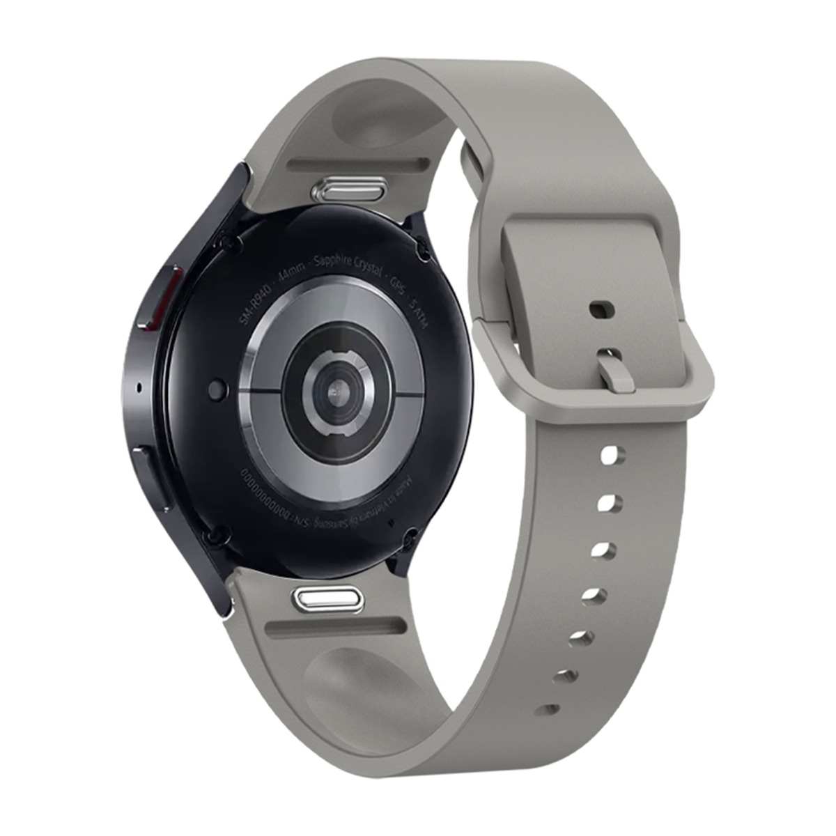Rückseite einer grauen Smartwatch mit Armband. Details und Modellnummer sichtbar.