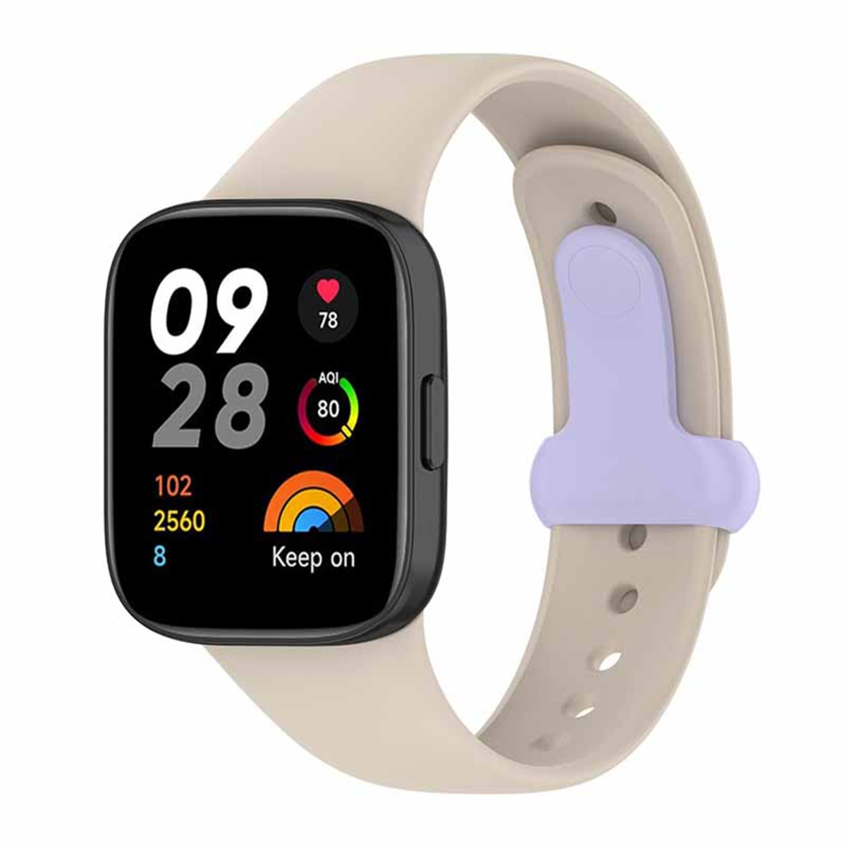 Eine helle Smartwatch mit schwarzem Bildschirm, der Uhrzeit, Herzfrequenz, AQI und Schritte anzeigt.