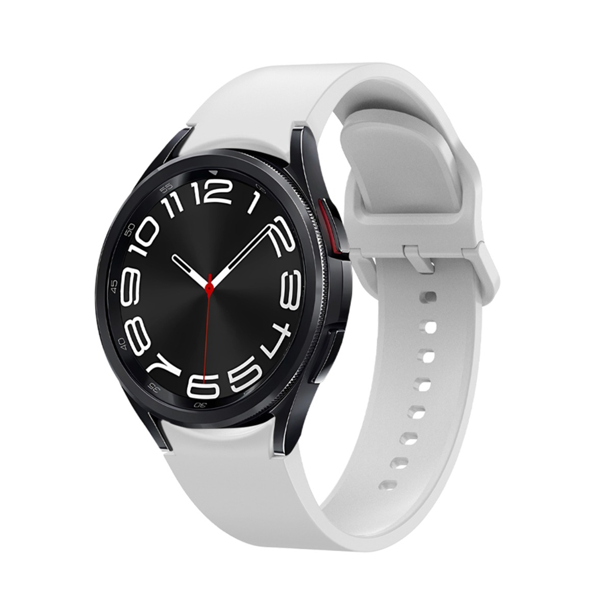 Uno smartwatch bianco con quadrante nero e lancette rosse su sfondo bianco.