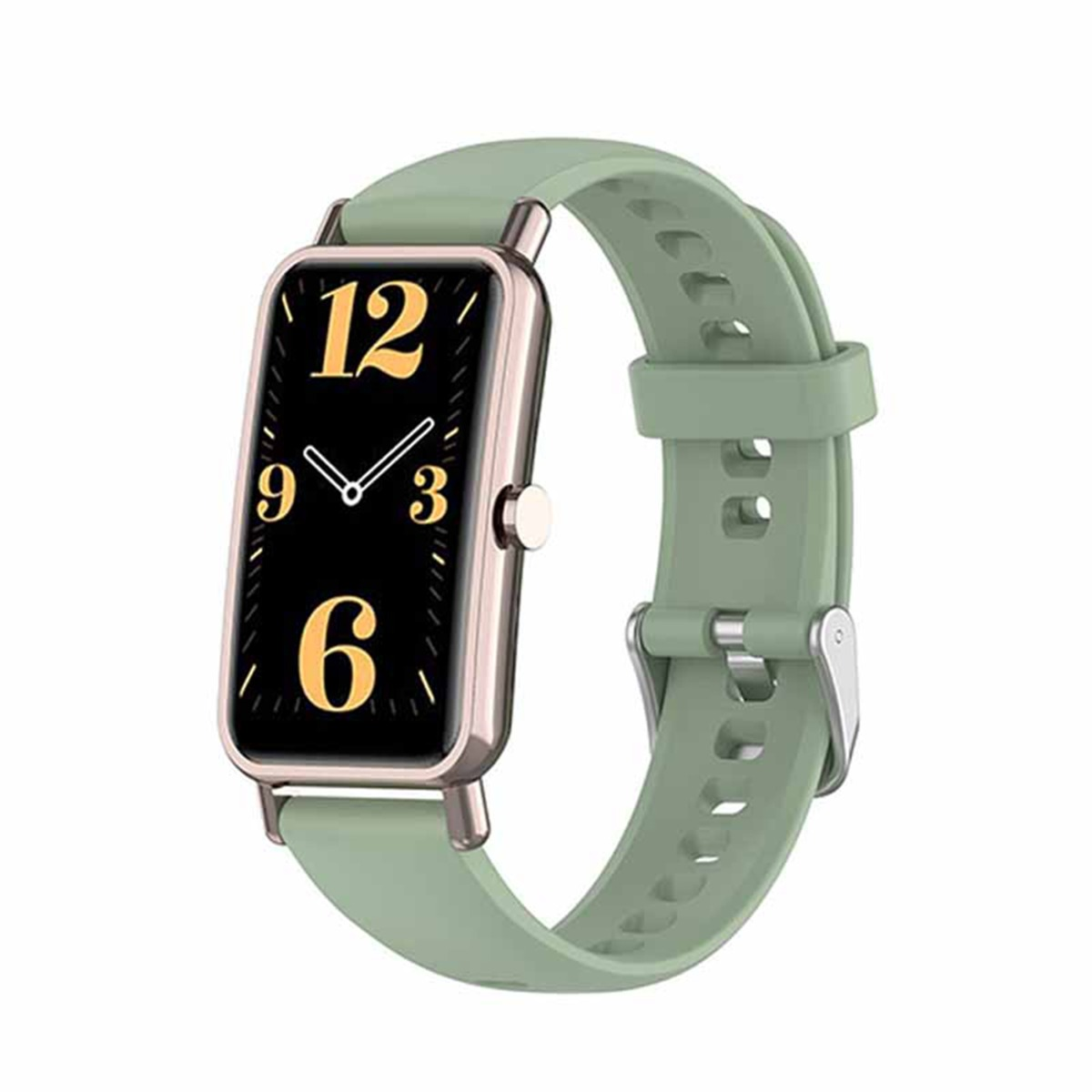 Eine grüne Smartwatch mit rechteckigem Zifferblatt und goldenen Zahlen.