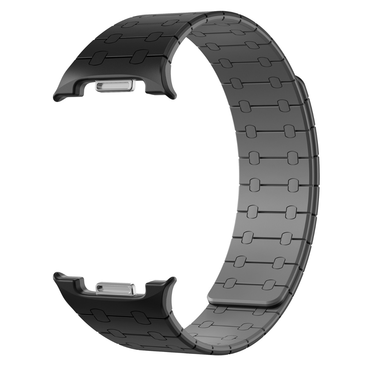 Schwarzes Uhrenarmband mit Gliedern und silbernen Anschlüssen.