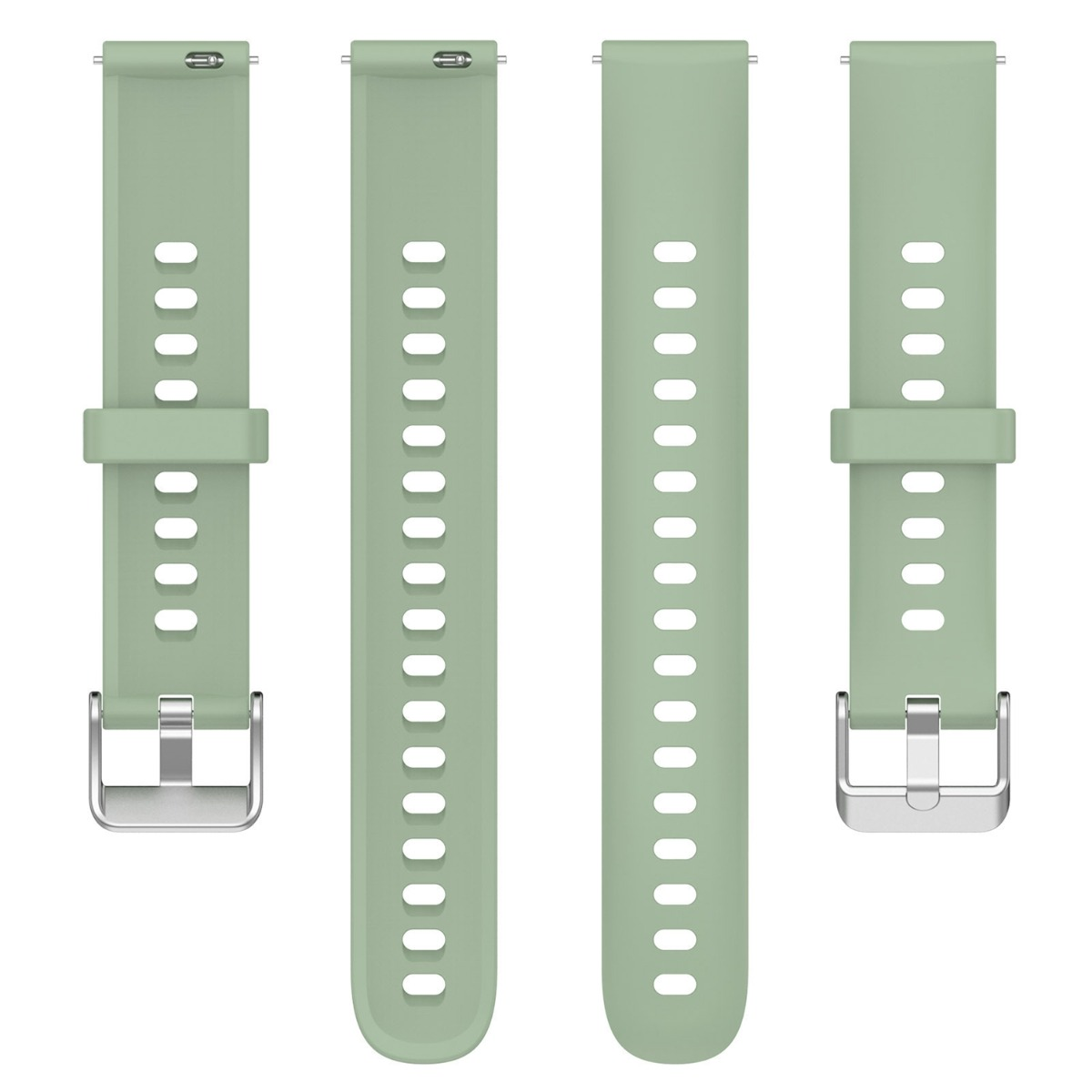 Zwei hellgrüne Uhrenarmbänder mit silbernen Schnallen und Lochreihen.