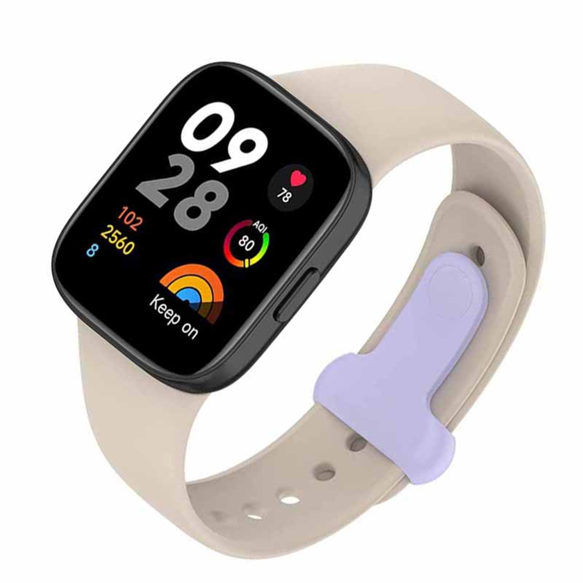 Eine beige Smartwatch mit schwarzem Bildschirm, die Uhrzeit, Herzfrequenz, AQI und Schritte anzeigt.