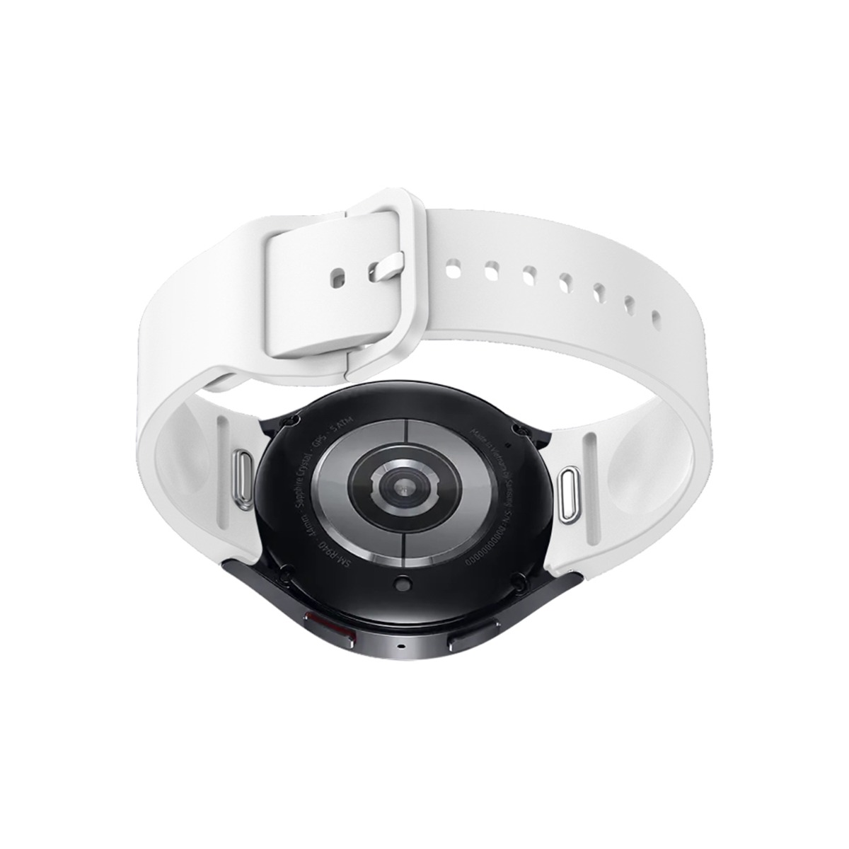 Vista posteriore di uno smartwatch bianco con quadrante nero e sensori argentati.