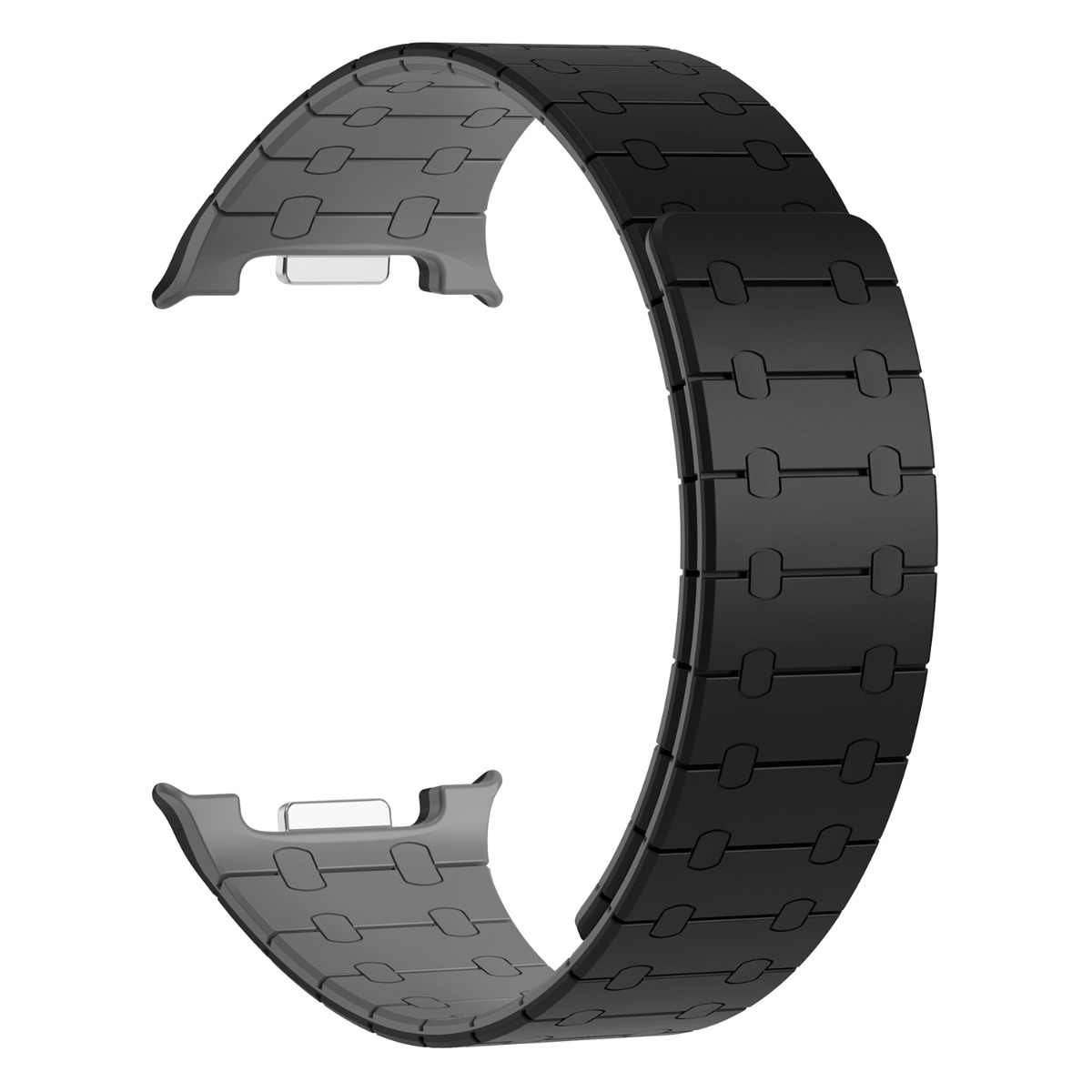 Ein schwarzes Armband mit Gliederstruktur auf weißem Hintergrund.