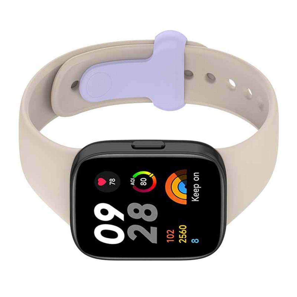 Ein hellbeiges Smartwatch-Armband mit einem lila Akzent und einem schwarzen Display.