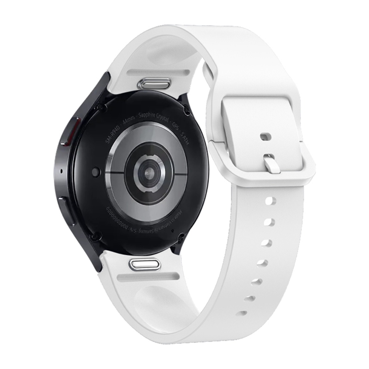 Retro di uno smartwatch bianco con cassa nera e dettaglio anello metallico.