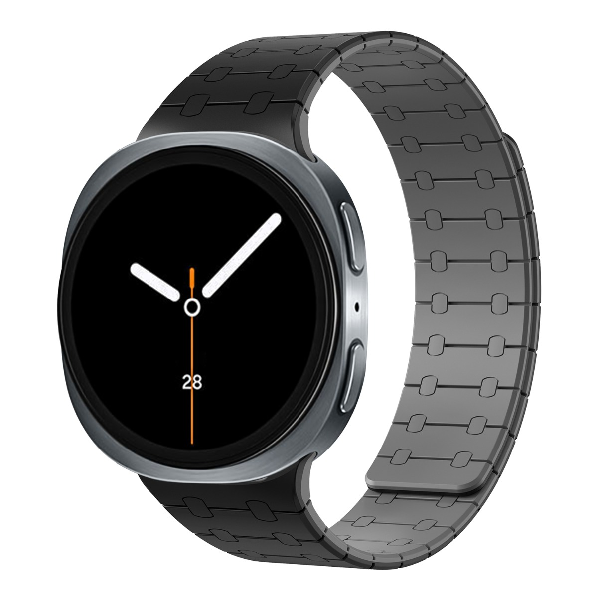 Eine runde Smartwatch mit schwarzem Zifferblatt und silbernem Gehäuse.