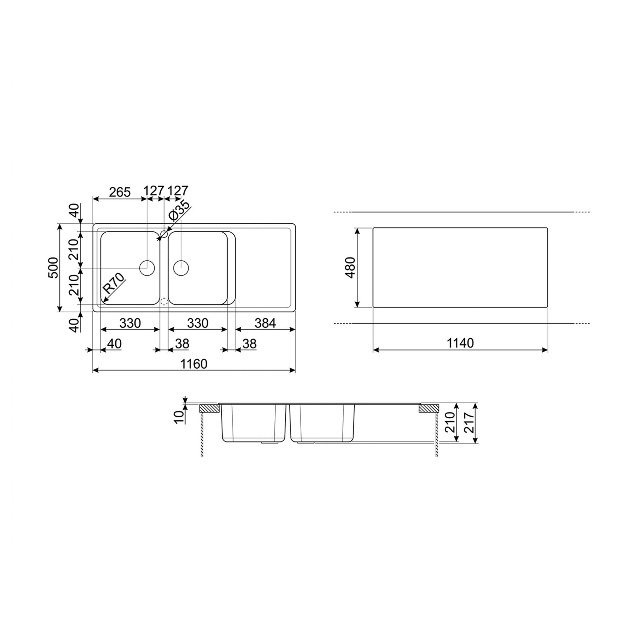 Disegno tecnico di un lavello a due vasche con dimensioni.