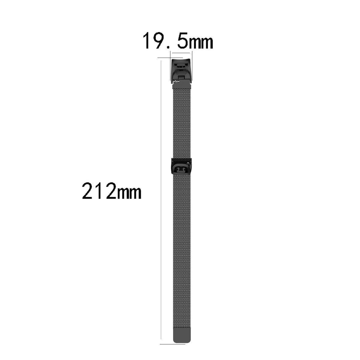Ein graues Milanese-Uhrenarmband mit Längen- und Breitenangaben.