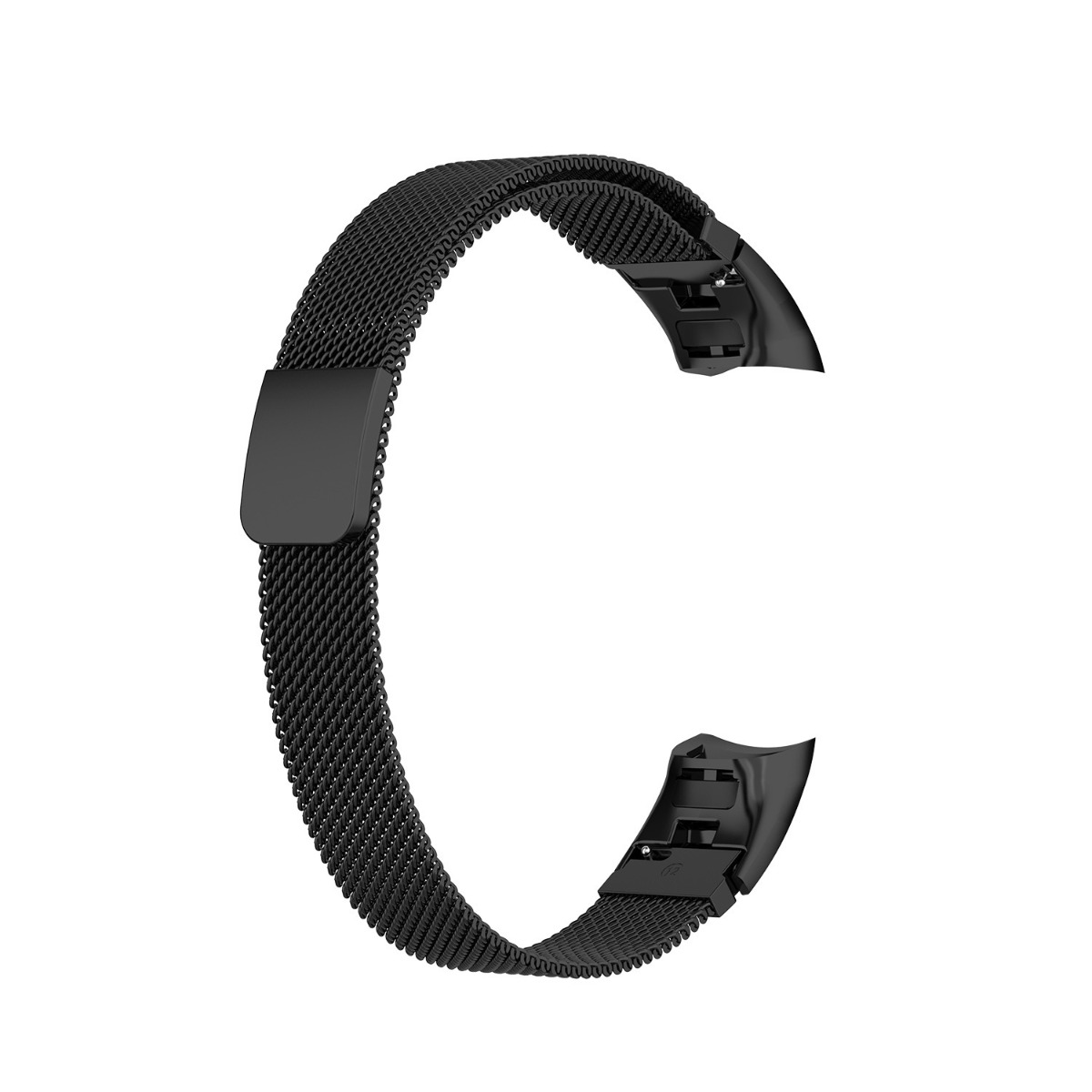 Ein schwarzes, flexibles Uhrenarmband aus Metallgewebe mit einem Magnetverschluss.