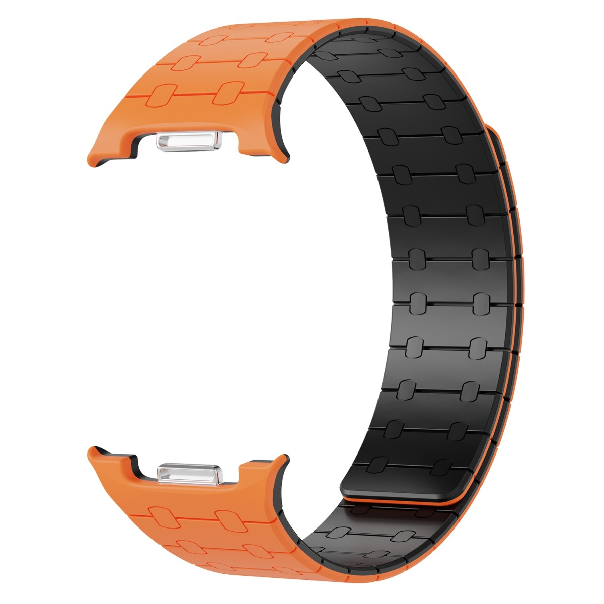 Ein orangefarbenes Uhrenarmband mit schwarzen Gliedern und silbernen Anschlüssen.