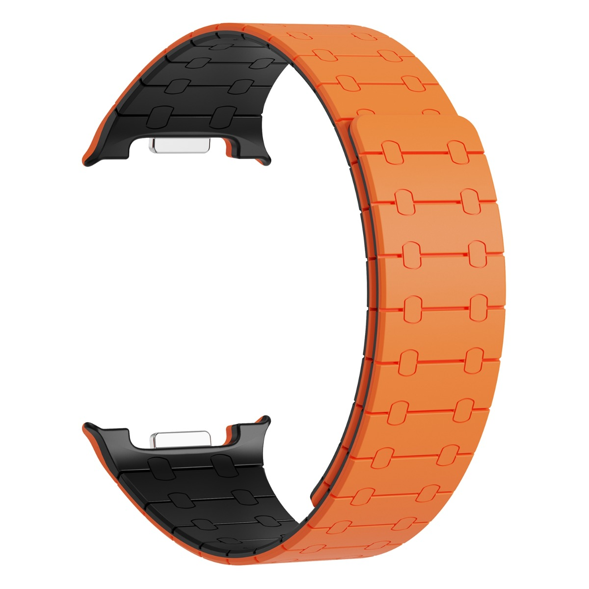 Ein oranges Uhrenarmband mit schwarzen Verbindungsstücken, auf weißem Hintergrund.
