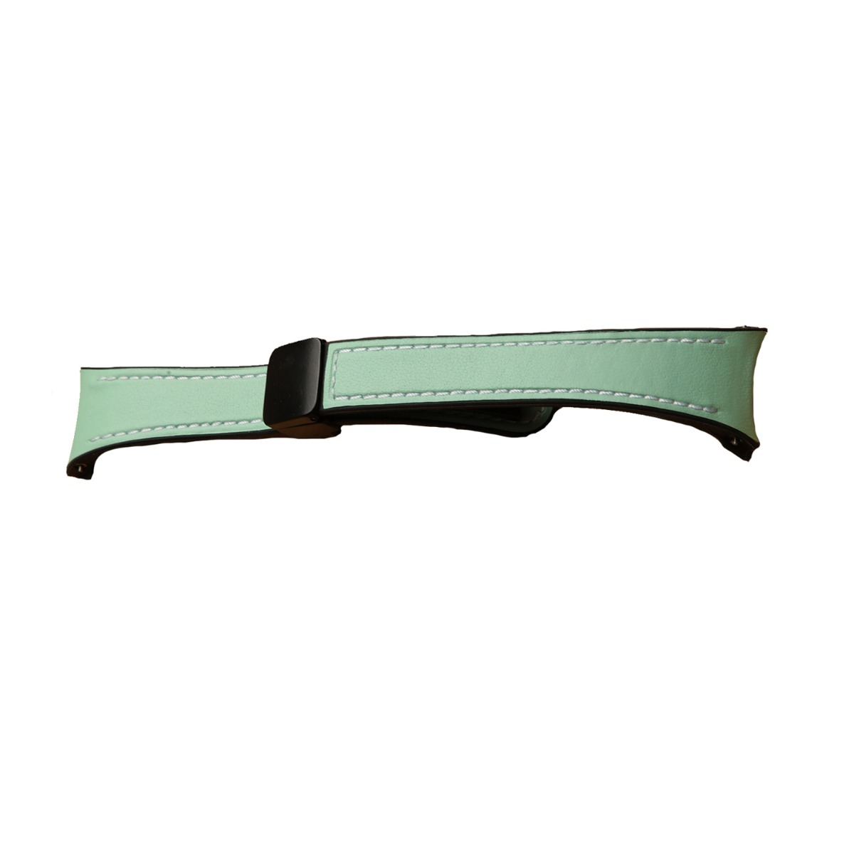 Ein hellgrünes Uhrenarmband mit schwarzem Verschluss.