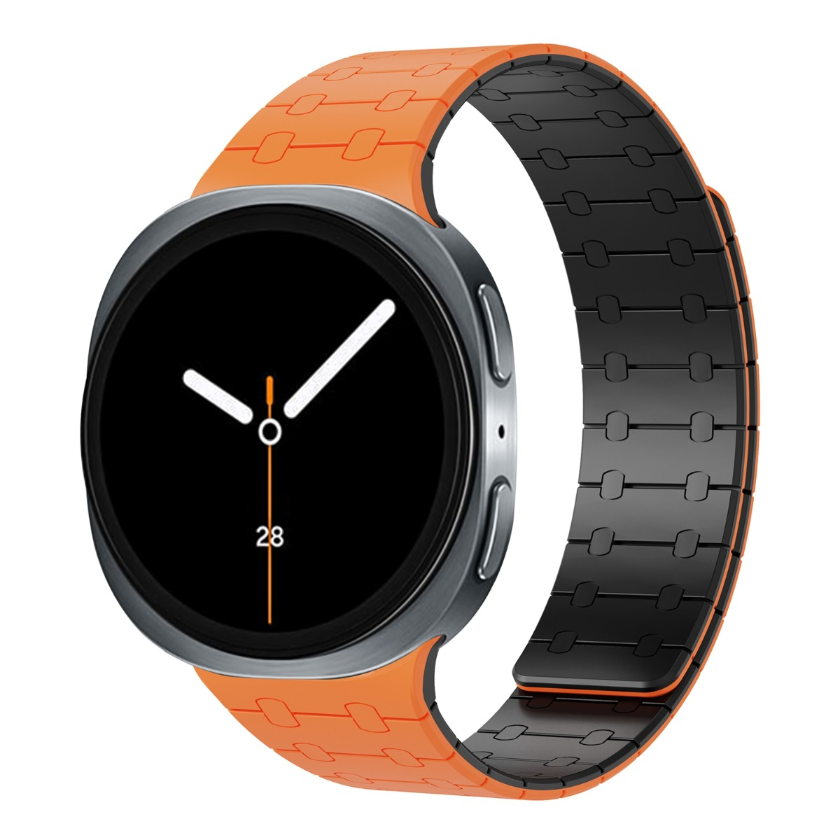 Eine orangefarbene Smartwatch mit einem schwarzen Armband, das aus verschlungenen Gliedern besteht.