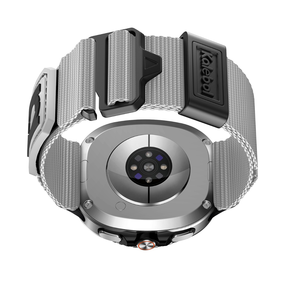 Rückseite einer Smartwatch mit silbernem Armband, schwarzem Verschluss und Herzfrequenzsensor.