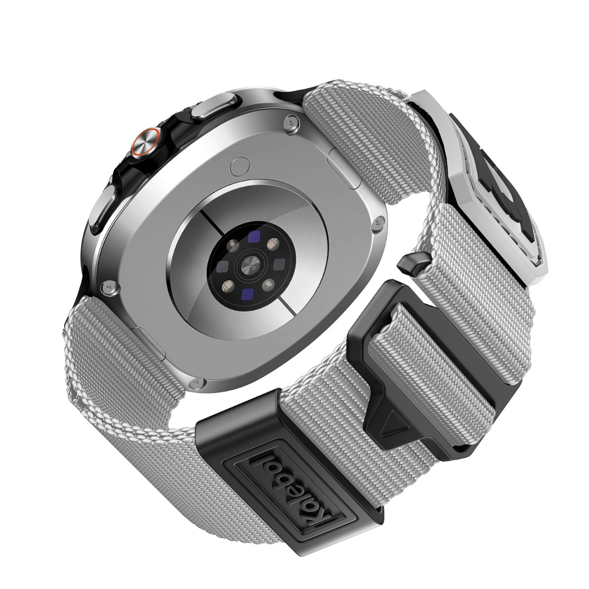 Rückseite einer Smartwatch mit Herzfrequenzsensor und grauem Stoffarmband.